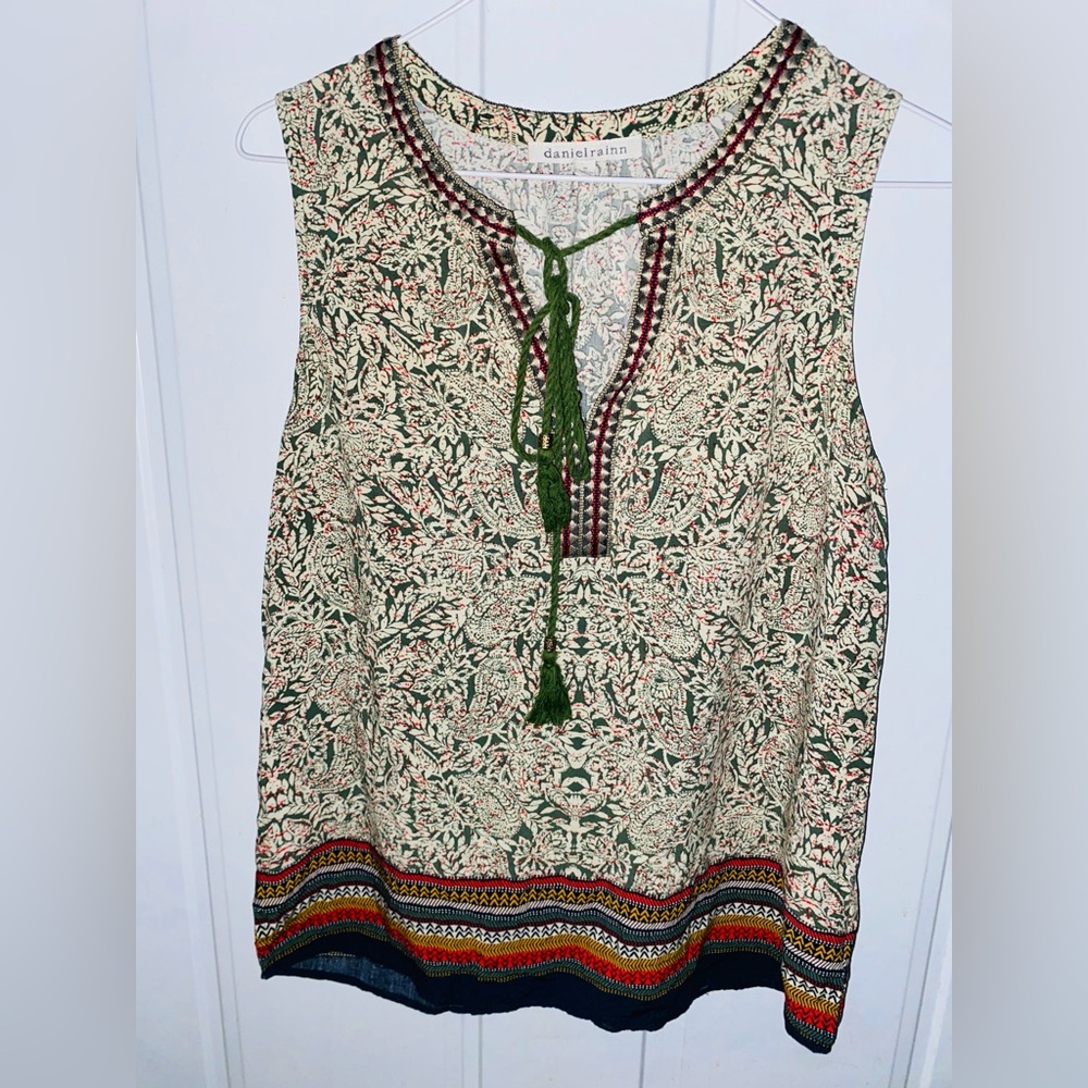 Daniel Rainn Medium Cream Green Tie Front Blouse Boho tassels